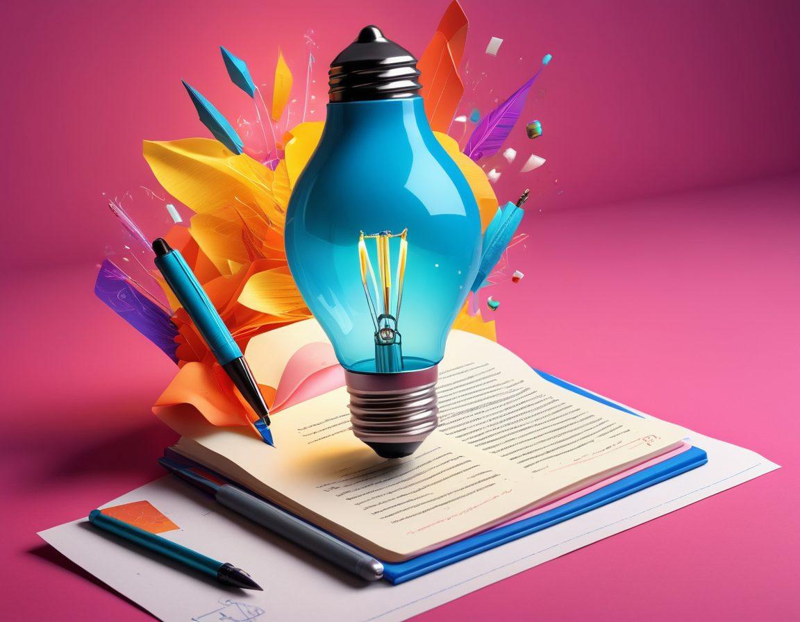 A vibrant digital scene illustrating the evolution of ideas into written articles, featuring a flowing pen transforming into a bright light bulb, surrounded by colorful paper and tech elements. Include elements representing Pendlay trends, like icons or graphs, merging seamlessly into a diary page. The background should radiate with creative energy and innovation. super-realistic. vibrant colors. 3D.