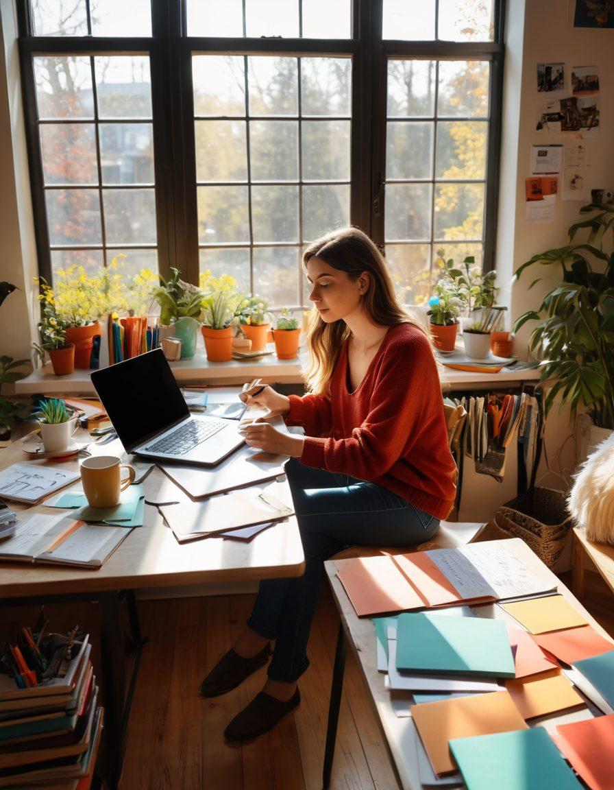 A talented blogger sitting in a cozy and inviting workspace, surrounded by colorful notebooks, a laptop, and scattered creative materials. Sunlight streaming through a window creates a warm atmosphere, while illustrated content flowcharts float around, representing ideas taking form. The blogger appears inspired and focused, with a cup of coffee beside them. The scene should evoke creativity and passion for writing. vibrant colors. super-realistic.