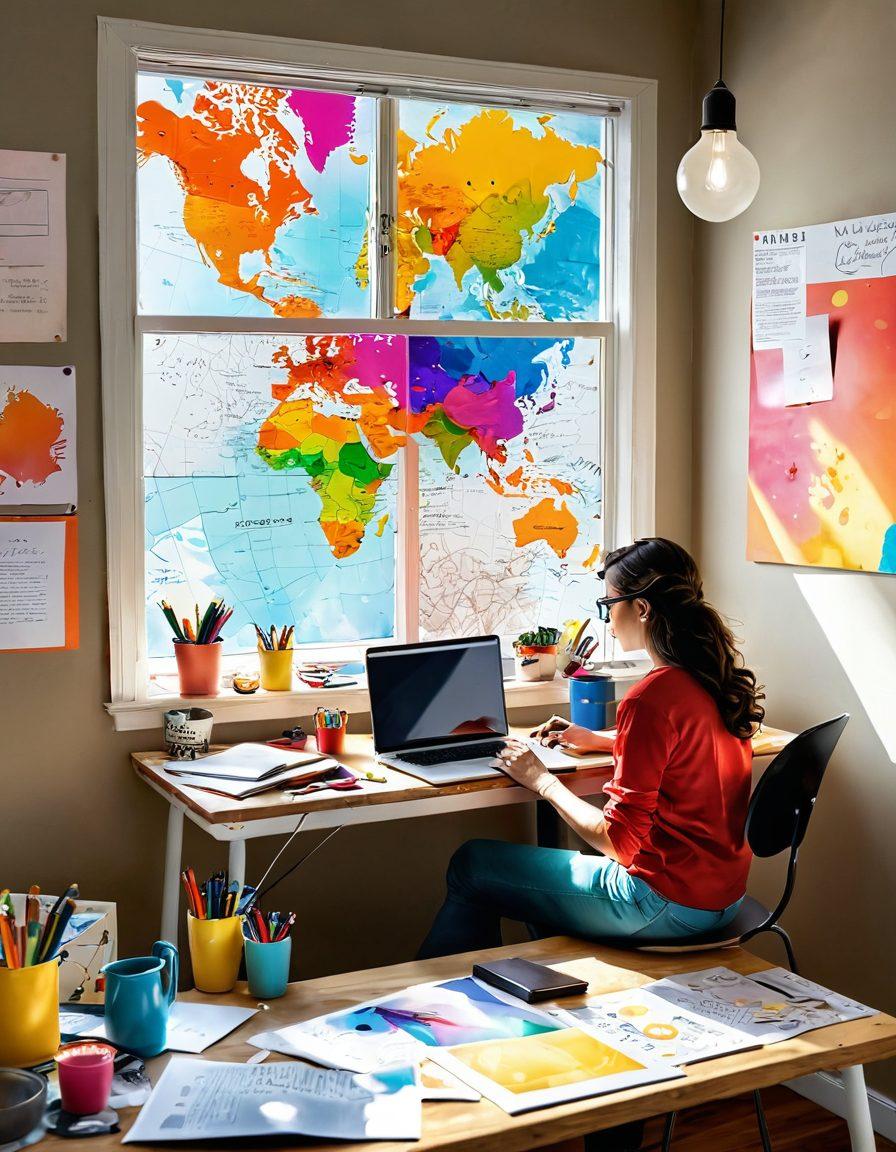 A person sitting at a colorful desk surrounded by vibrant art supplies, a laptop open with a blog post in progress, creativity flowing in the air with swirling paint colors and ideas represented as light bulbs. Sunlight streaming through a window, illuminating a world map, and notes pinned on a corkboard. super-realistic. vibrant colors. 3D.